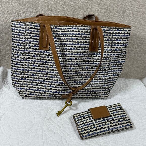 Fossil Blue White Leather Explorer Tote Bag with Matching Billfold Wallet Travel - Picture 1 of 13